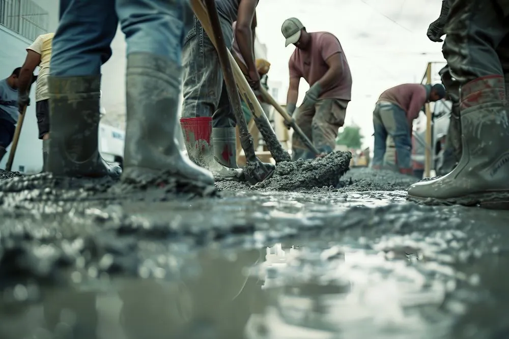 Construction workers wearing boots and gloves spread and level freshly poured wet concrete on a building site using shovels and rakes.