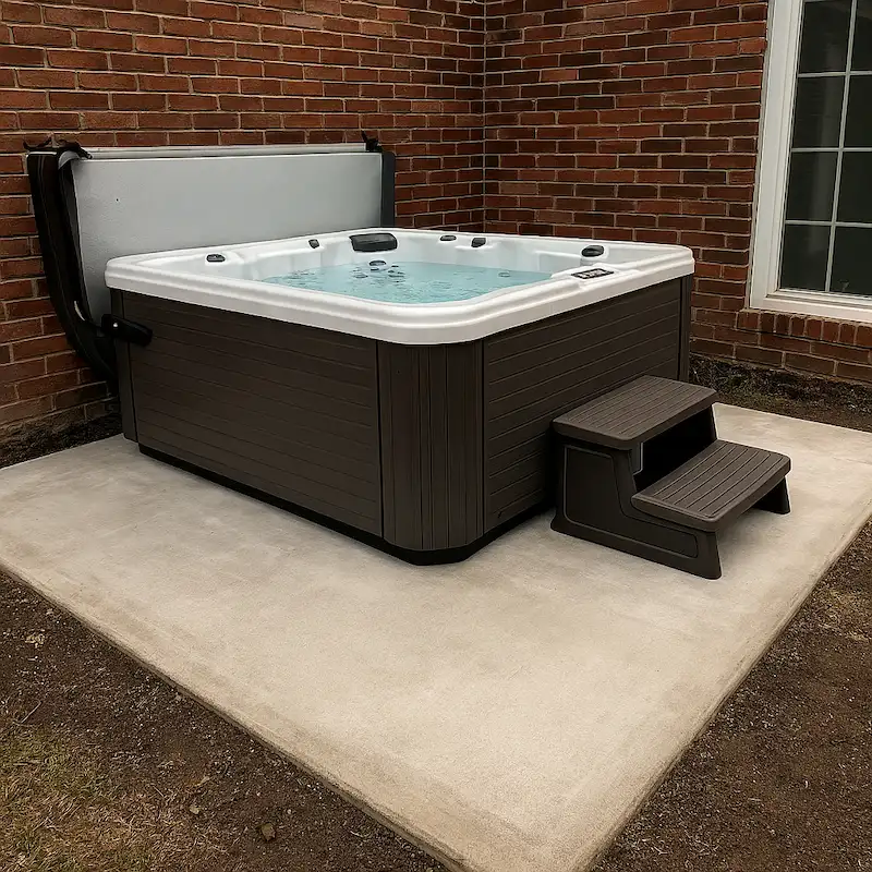 Hot tub on sturdy concrete slab outside a brick house
