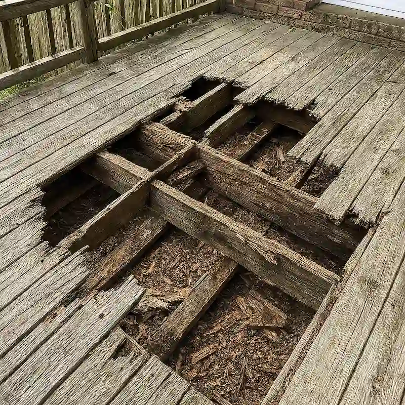 Structurally damaged wooden deck that caved in from decay