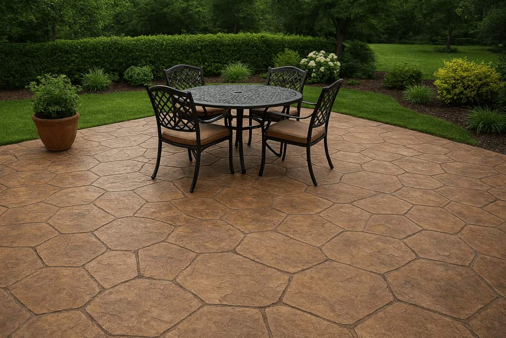 Custom decorative concrete design from CR Concrete Construction with patio ideas including a rod table and chairs