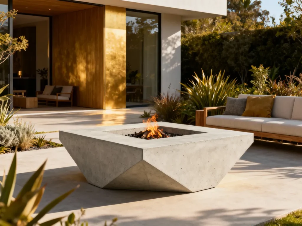 Modern artistic concrete fire pit with geometric design outside a stylish home in daylight, featuring a minimalist patio with plants and sleek seating.