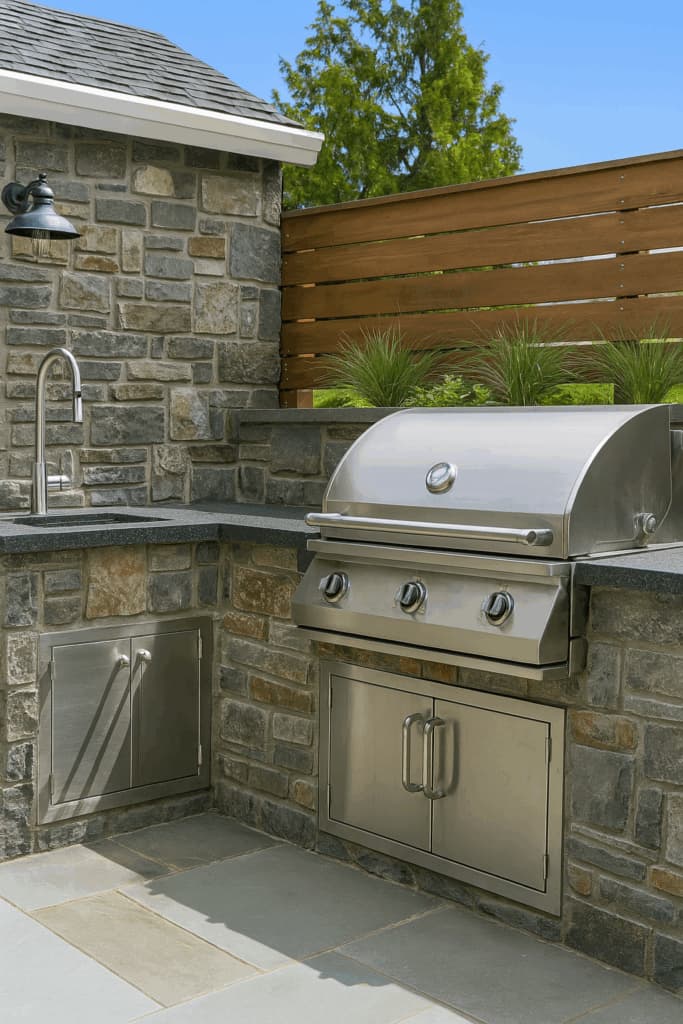 Hardscaping outdoor kitchen design from CR Concrete Construction including a grill, sink, and counter