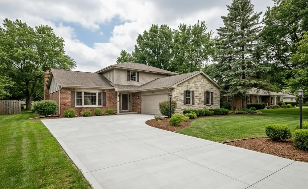 Columbus home featuring newly installed concrete driveway with beautiful landscaping and pine trees