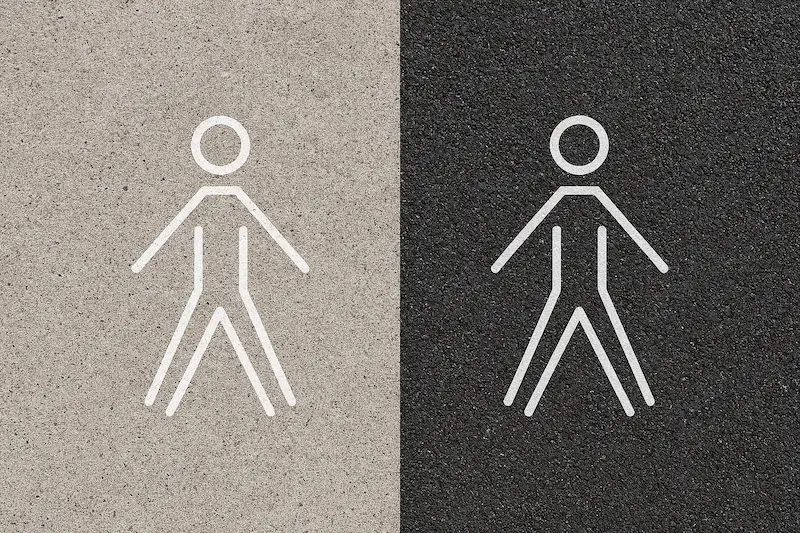 Concrete vs asphalt side by side comparison with stick figures standing on each