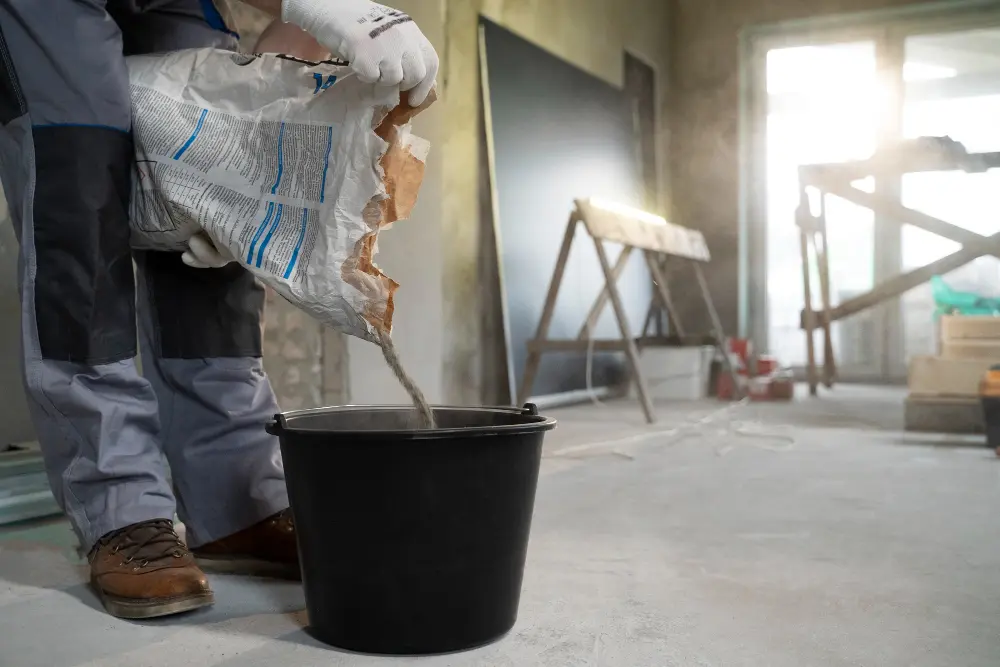 Concrete worker mixing chemicals with concrete in a container for flooring work weather proofing