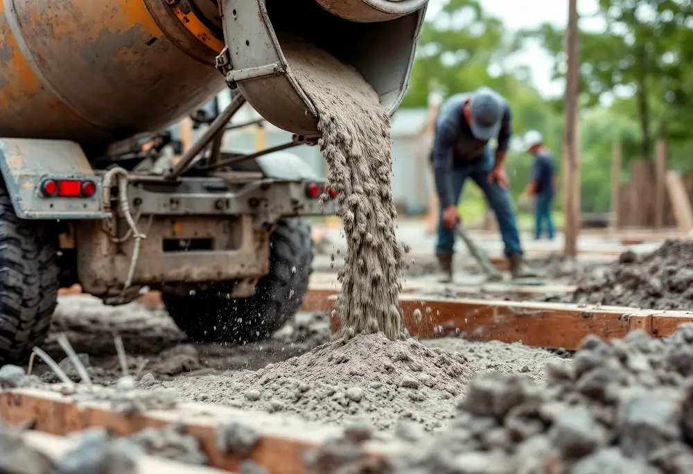 construction truck pouring fresh concrete at job site