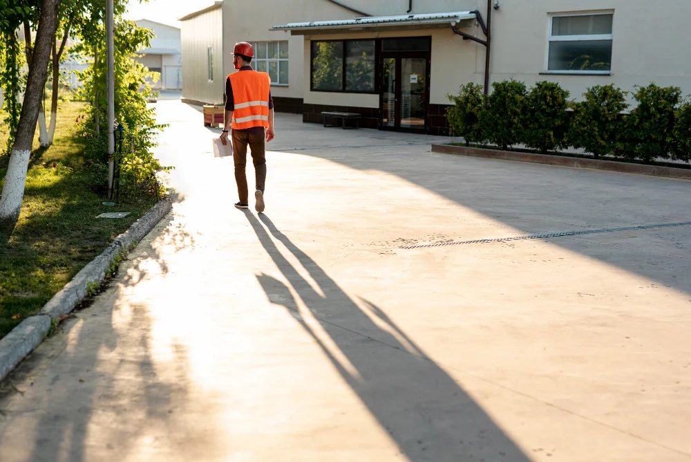 Workers installing concrete driveway in residential area