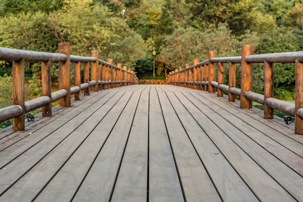 Comparison of concrete patio and wood deck in backyard setting